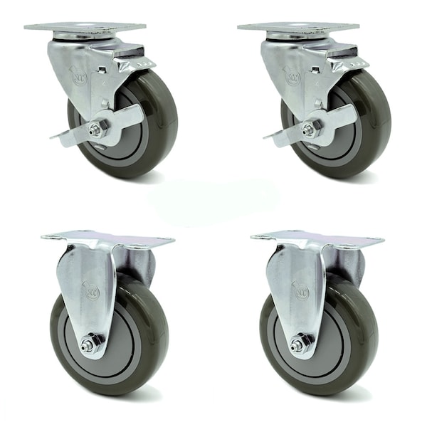 4 Inch Gray Polyurethane Swivel Top Plate Caster Set with 2 Brakes 2 Rigid SCC